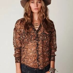 New Free People Easy Rider Sheer Brown Floral Button Up Blouse Top Small